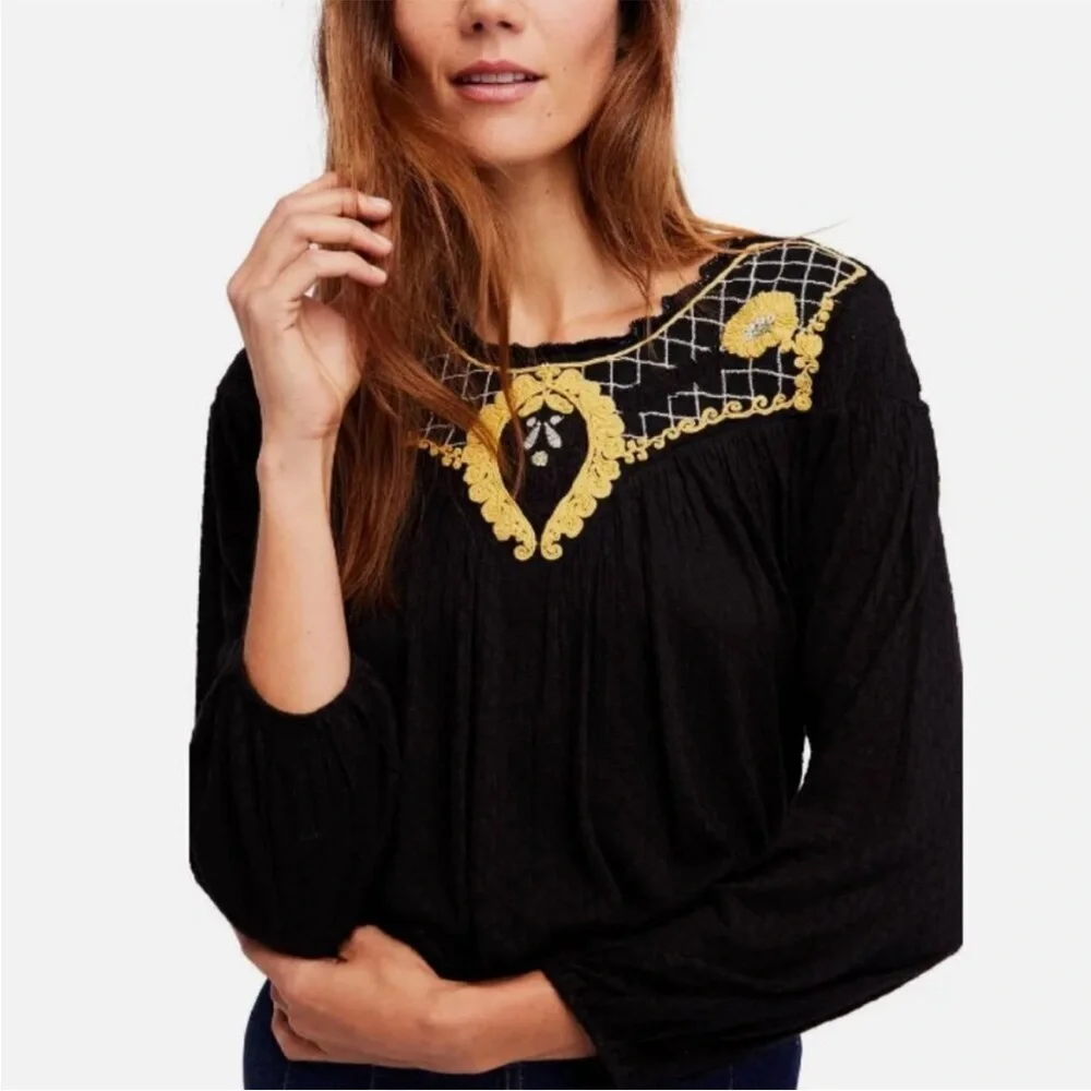 Free People Begonia Black and Gold embroidered Women's Top